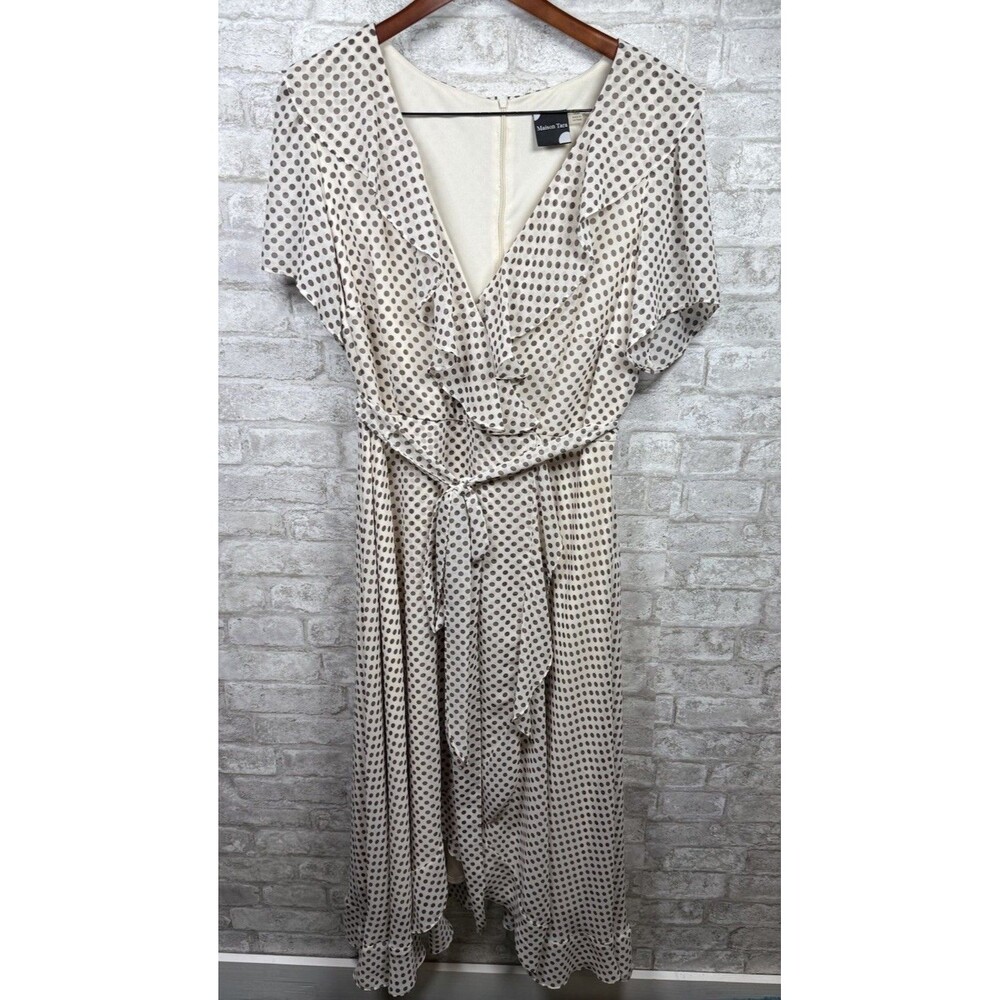 Maison Tara Polka Dot Midi Dress Women 16W Ruffle Faux Wrap Romantic Cottagecore